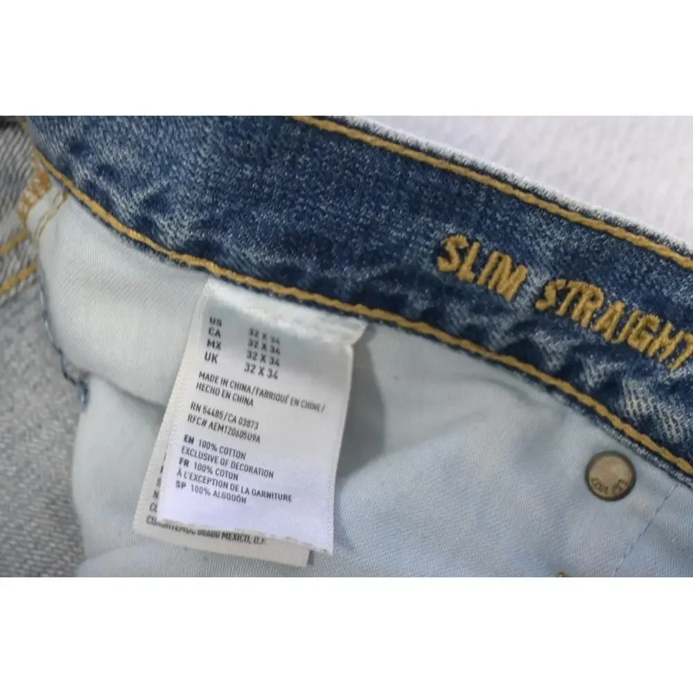 American Eagle Slim Straight Destroyed Rugged Light Blue‎ Jeans Mens Sz 32 x 34